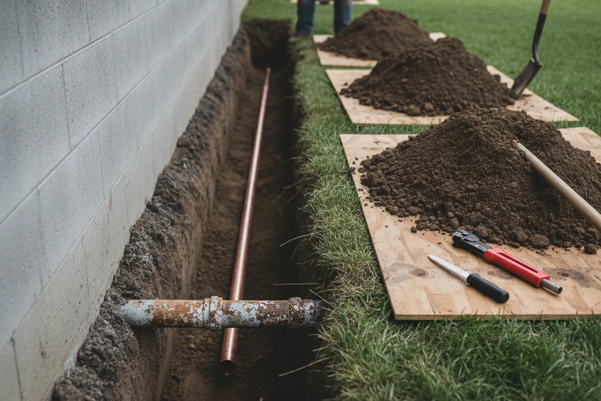 Excavated water line trench during Water Heater Repair in Tchula